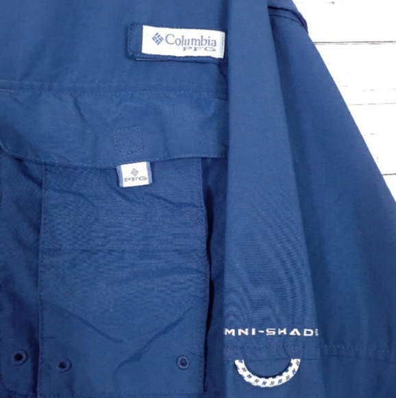 Columbia PFG Omni-Shade Bahama Mens Shirt L Button Down Long Sleeve Blue 128A - Picture 2 of 5